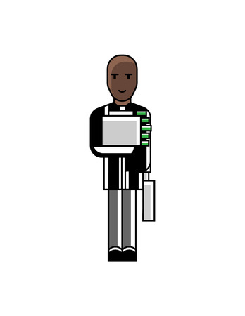 African businessman holds suitcase with money. Corporate business people isolated vector illustration in linear style.のイラスト素材