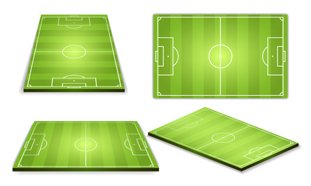 Soccer green field for game isometric collection. European football stadium in different point of perspective view. Empty sport playground isolated on white background vector illustration.のイラスト素材