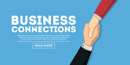 Creative web design with people shaking hands and offering information about business connections. のイラスト素材