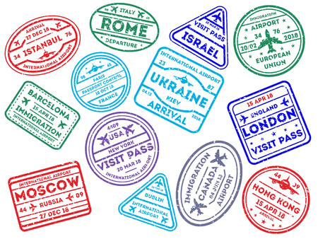 Collection of worldwide arrival stamps in colors on white background.のイラスト素材