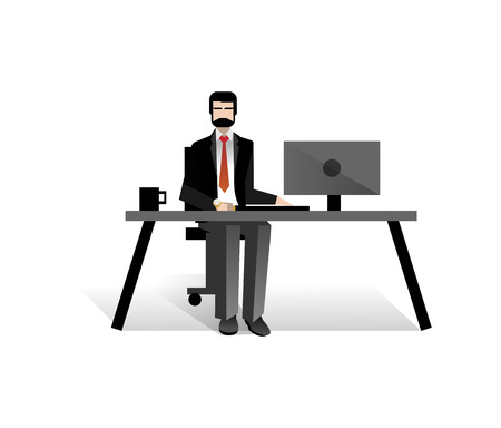 European bearded businessman working at computer in office. Corporate business people isolated vector illustrationのイラスト素材