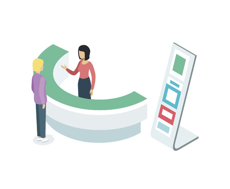 Reception counter desk isometric element. Information and exhibition ad stand with manager in business center vector illustration.のイラスト素材