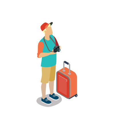 Young tourist with camera and travel bagのイラスト素材