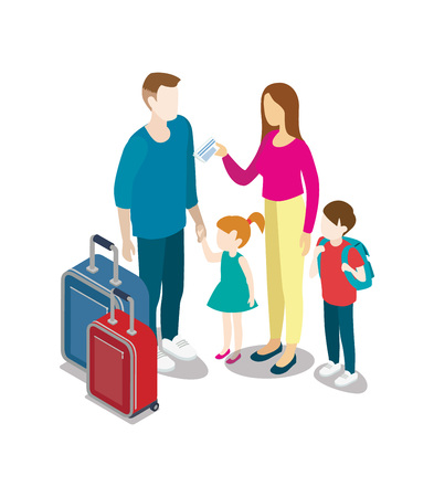 Tourist family with children and bags. Summertime vacation, active recreation, hiking and adventures vector illustration.のイラスト素材