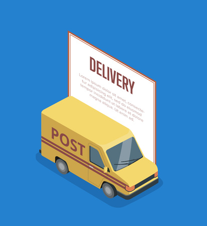 Commercial transport isometric banner with yellow delivery van isolated on blue background.のイラスト素材