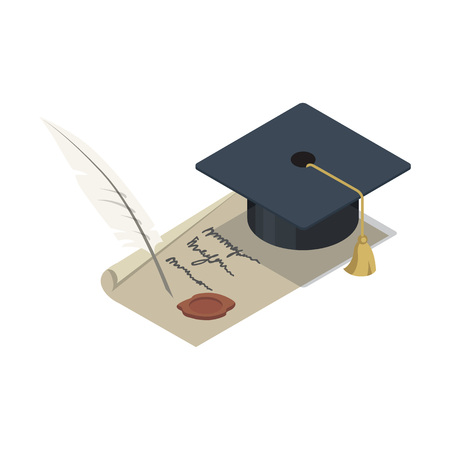 Graduation cap with scroll isometric element. Law and judgment legal justice vector illustration.のイラスト素材