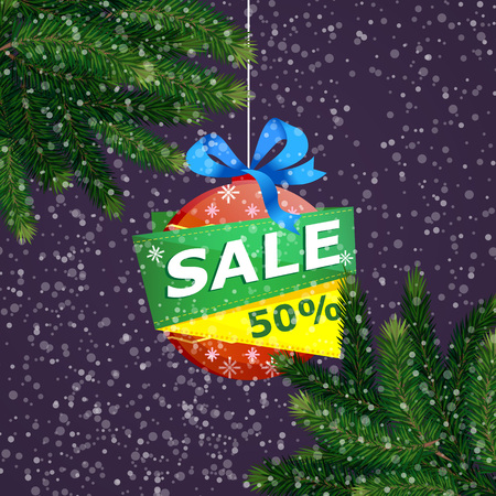 50% off sale proposition with christmas tree branches on snowy background.のイラスト素材