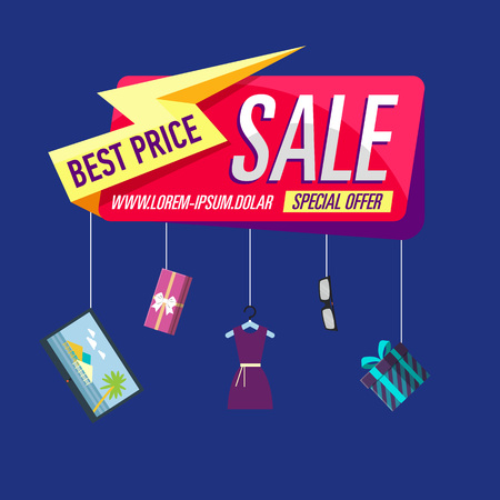 Best price poster with various goods on blue background.のイラスト素材