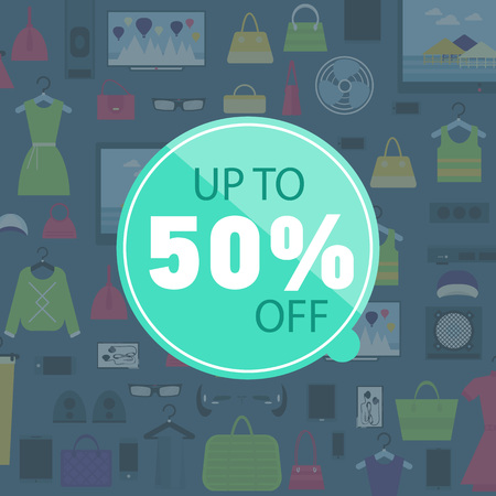 Up to 50% off poster with sale label and various goods on background.のイラスト素材