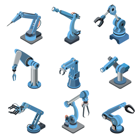 Industrial robot manipulator isometric set. Robotic arm for assembly line vector illustration.のイラスト素材