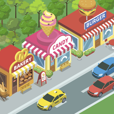 Street with food shops illustrationのイラスト素材