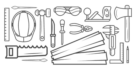 Woodworking instrument black and white sketch vector illustration. Carpentry professional service, forest product, wood industry tool set. Plane, ax, saw, pliers, chisel, knife, glasses, safety helmetのイラスト素材