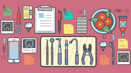 Stomatology top view banner vector illustration. Healthcare diagnosis and treatment, tooth hygiene, dentures and dentistry, dentist workplace background. Dental implant and instrument in flat designのイラスト素材