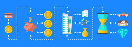 Investment infographic concept vector illustration. Smart investment in securities, buying and renting commercial real estate, jewelry and cash, bank deposits. Financial strategic management designのイラスト素材