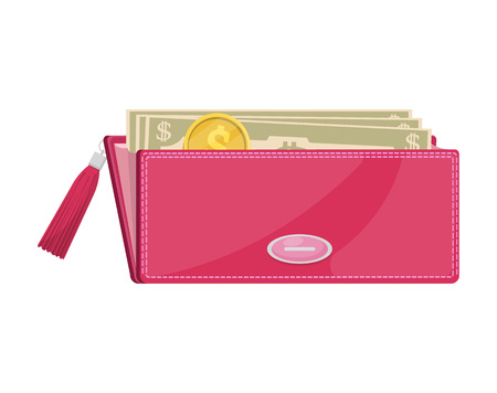 Pink wallet with cash illustration on white background.のイラスト素材