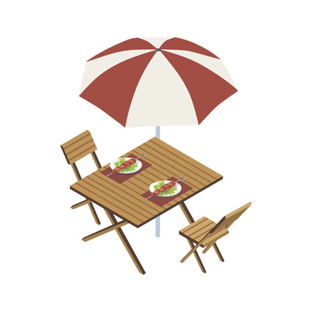 Isometric view of wooden table with umbrella and plates with meat skewers on white background.のイラスト素材