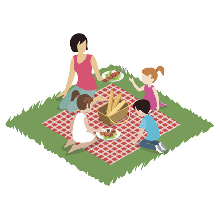 Isometric view of faceless woman with children sitting on grass and having picnic.のイラスト素材