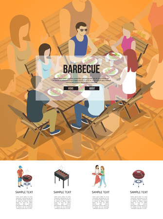 Page with friends sitting at table on barbecue event together in sometric view .のイラスト素材
