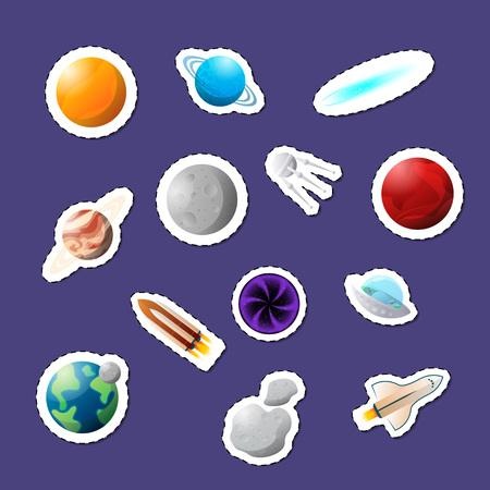 Cut-out stickers with planets and different space shuttles on purple background. のイラスト素材