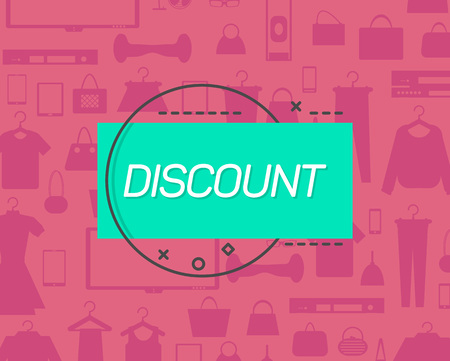 Green discount emblem on background of red pattern with goods. のイラスト素材