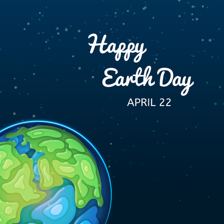 Happy Earth Day greeting card. World ecology holiday, environment conservation, nature and eco friendly design vector illustration. Earth planet with green continents and blue oceans in deep space.のイラスト素材
