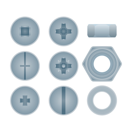 Top view steel bolts with nuts and screws isolated set. Construction hardware elements, house building and repairs metallic accessories. Realistic mechanic fitting work tools vector illustration.のイラスト素材