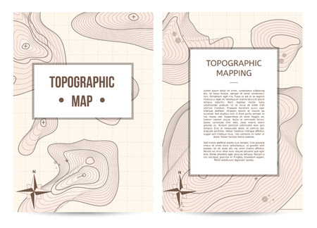 Topographic mapping company banners with space for text. Abstract lines showing elevation on ground background, geography science vector illustration. Cartography concept with schematic nature relief.のイラスト素材