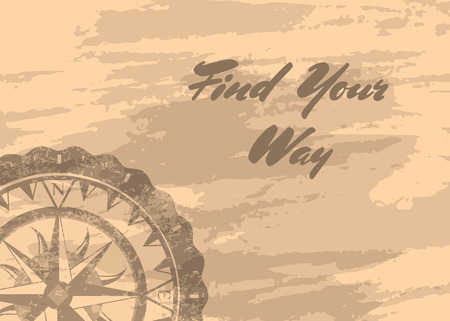 Find your way banner with retro compass windrose on grunge background. Geography research, worldwide traveling. Nautical navigation, topography and cartography, world discovery vector illustration.のイラスト素材