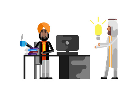 Business meeting indian manager with arabic businessman holding idea light bulb. Corporate multicultural business people isolated vector illustration.のイラスト素材