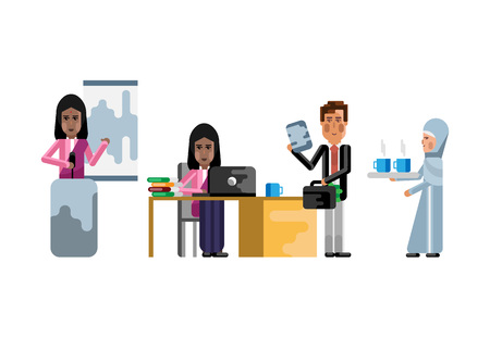 Indian and European business staff working in office, woman doing presentation, secretary in hijab with coffee cups. Corporate multicultural business people isolated vector illustration.のイラスト素材