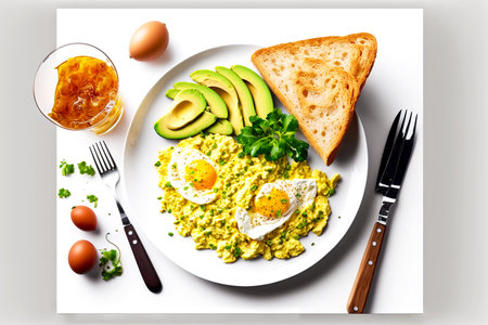hearty healthy breakfast with toast with avocado and scrambled eggの写真素材