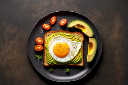 delicious vitamin toast with avocado sliced slices and fried eggの写真素材