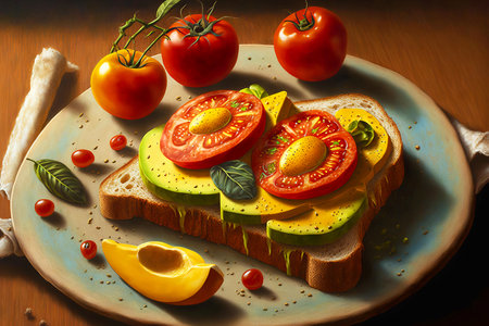 toast with avocado with beaful red and yellow fresh tomatoesの写真素材