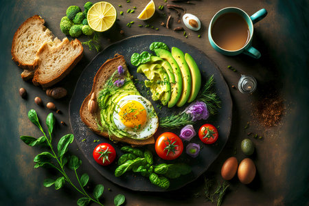 breakfast with toast with avocado and fresh herbs and healthy vegetablesの写真素材
