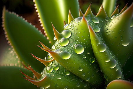 aloe vera bush with thick leaves in small droplets of juiceの写真素材