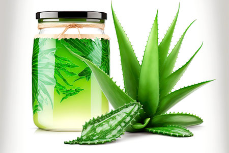 jar of aloe vera juice and adjacent leaves isolated on white backgroundの写真素材