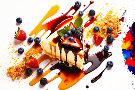 pieces of delicious cheesecake liberally poured with caramel syrup and decorated with berriesの写真素材