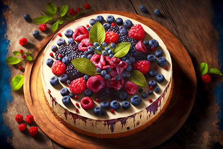 delicious cheesecake decorated with large aetizing fresh raspberries and blueberries