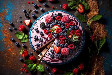 delicious cheesecake decorated with large aetizing fresh raspberries and blueberriesの写真素材