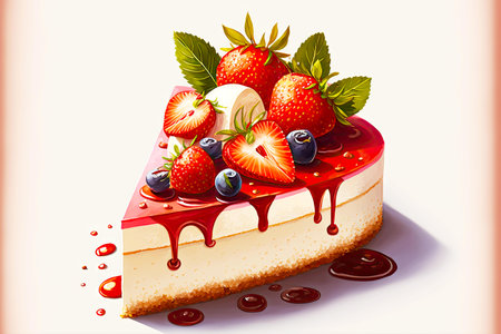 round strawberries on delicious piece of delicious cheesecake