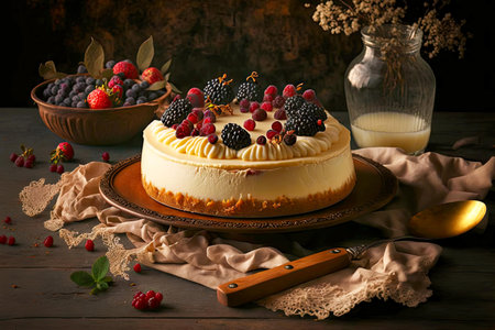 round cream cheesecake on table for hearty festive dessert