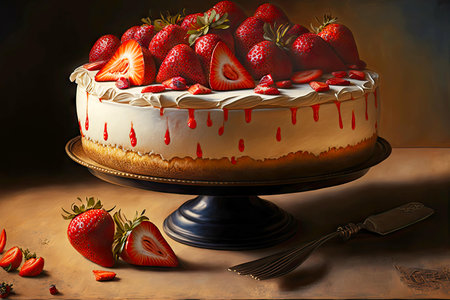 large cheesecake with choed bright red strawberriesの写真素材