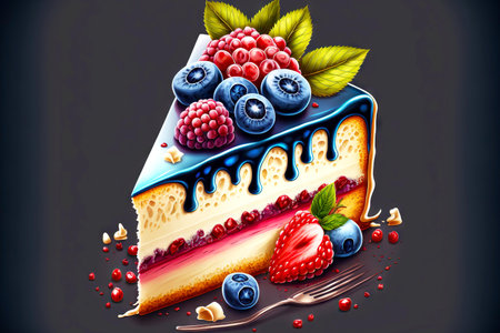 piece of cake from delicious cheesecake decorated with raspberries and blueberries