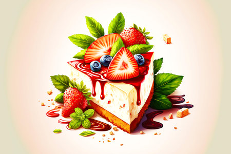 delicious cheesecake pieces with strawberries with leaf on topの写真素材
