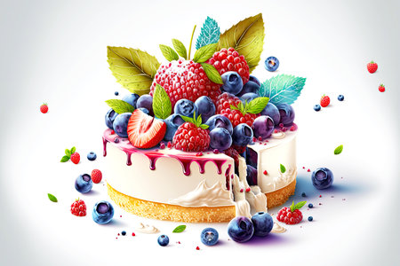 air cream cheesecake with pile of fresh berries on topの写真素材