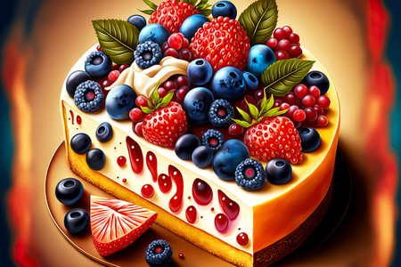 cheesecake with decoration in form of candied raspberries, blueberries and currantsの写真素材
