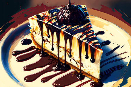 delicious homemade cheesecake decorated and liberally drizzled with chocolate syrup