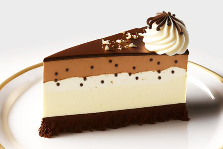 even piece of cream cheesecake with thin layer of chocolate doughの写真素材