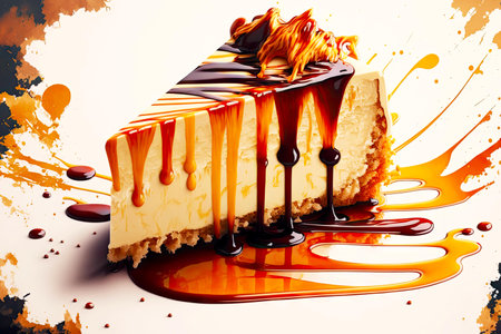 piece of delicious cheesecake drizzled with golden caramel sauceの写真素材