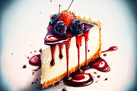 small piece of cream cheesecake coated with berry sauce